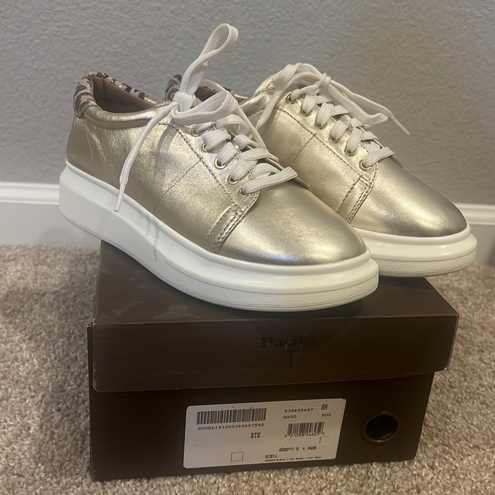 Linea Paolo Sneaker Gold with Leopard Accent Size 9 10